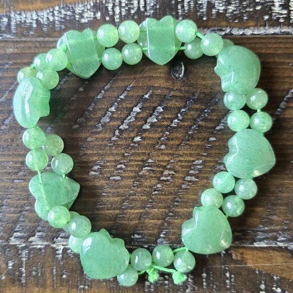 Vintage Jewelry - Vintage Jade Beaded Bracelet Hearts Elastic Cute Girly Gift Elegant Retro Boho